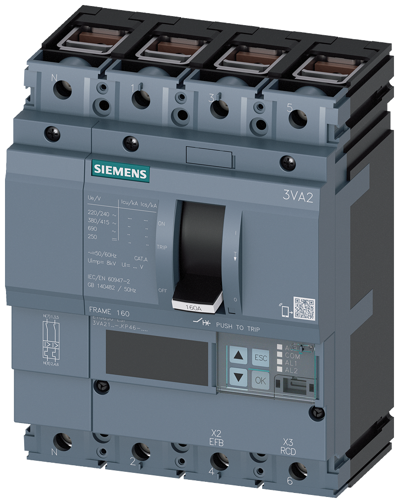 Siemens 3VA2140-6KP46-0AA0 SENTRON SERİSİ HABERLEŞME ÖZELLİKLİ KOMPAKT GÜÇ ŞALTERİ; 3VA21; 85kA; ETU850; 16-40A, 24-400A; 4 KUTUPLU