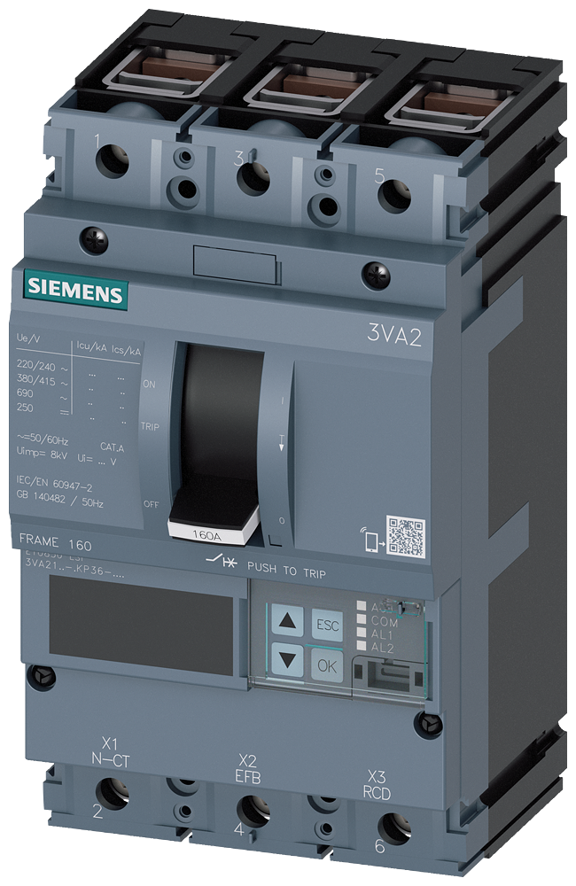 Siemens 3VA2116-5KP36-0AA0 SENTRON SERİSİ HABERLEŞME ÖZELLİKLİ KOMPAKT GÜÇ ŞALTERİ; 3VA21; 55kA; ETU850; 63-160A, 96-1600A; 3 KUTUPLU