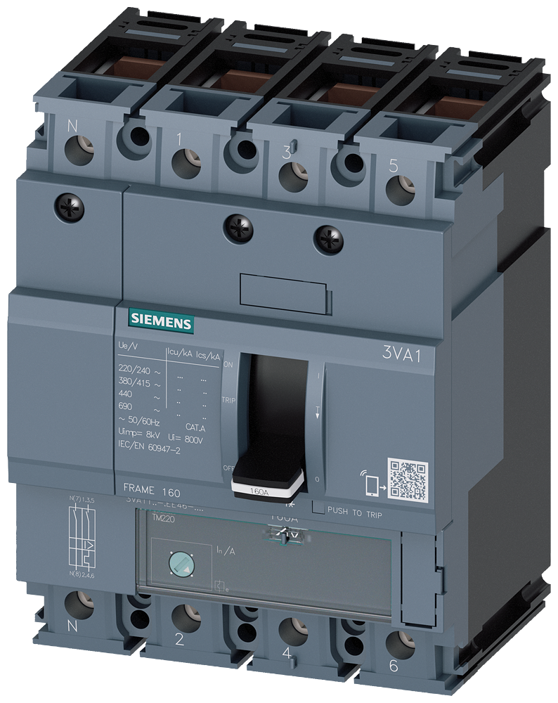 Siemens 3VA1120-5EE46-0AA0 SENTRON SERİSİ KOMPAKT TİP TERMİK MANYETİK GÜÇ ŞALTERİ; 3VA11; 55kA; TERMİK AYARLI; SABİT MANYETİK; 14-20A; 4 KUTUPLU
