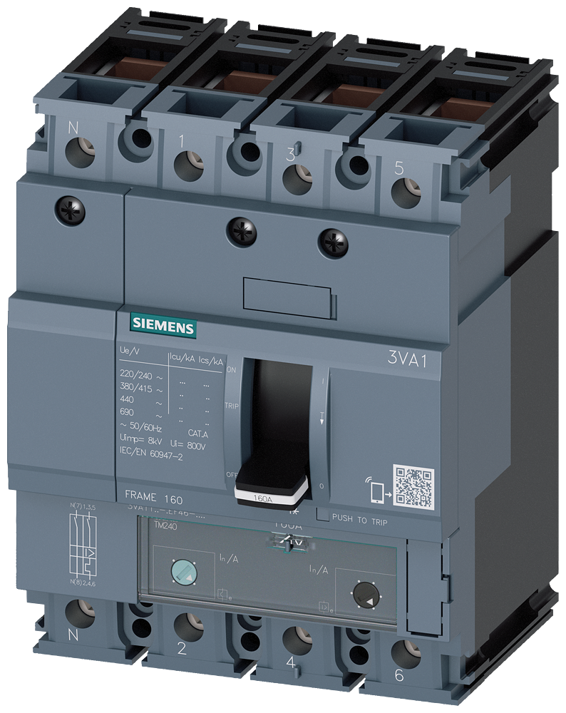 Siemens 3VA1120-4EF46-0AA0 SENTRON SERİSİ KOMPAKT TİP GÜÇ ŞALTERİ;3VA11, 36kA, 20A, TM240, ATAM, AYARLI TERMİK AYARLI MANYETİK, 4 KUTUPLU