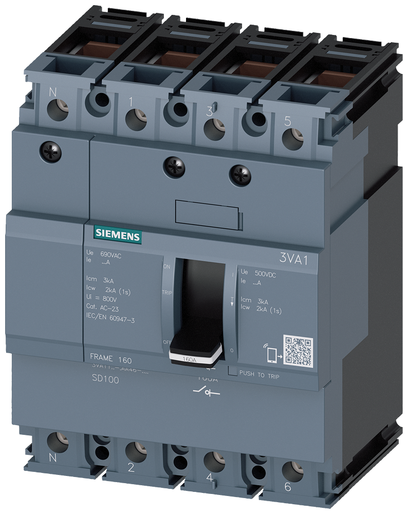 Siemens 3VA1116-1AA46-0AA0 SENTRON SERİSİ KOMPAKT TİP YÜK KESİCİ GÜÇ ŞALTERİ;  3VA11; 160A; KORUMASIZ; 4 KUTUPLU