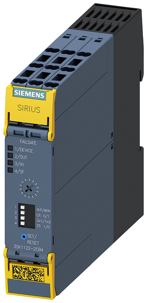 Siemens 3SK1122-2CB44 SIRIUS 3SK1 Advance Emniyet Rölesi, Çift-El, Acil Durdurma, Mekanik Emniyet Şalteri, Manyetik Emniyet Şalteri, Alan tarayıcı veya Işık Perdesi İzleme, 24VDC Besleme, 2TR-2TR(t), 5-300 sn ayarlanabilir zaman gecikmeli çıkış,  Cat 4 /S