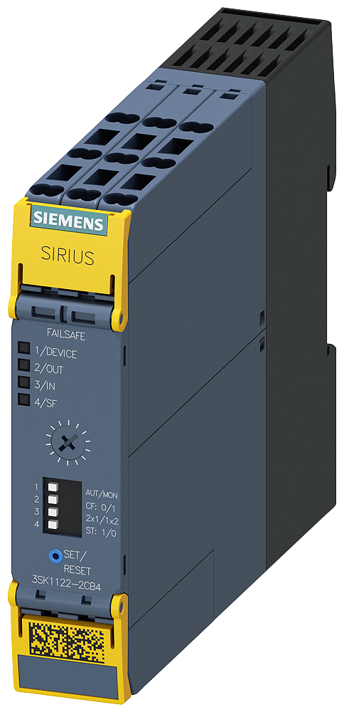 Siemens 3SK1122-2CB41 SIRIUS 3SK1 Advance Emniyet Rölesi, Çift-El, Acil Durdurma, Mekanik Emniyet Şalteri, Manyetik Emniyet Şalteri, Alan tarayıcı veya Işık Perdesi İzleme, 24VDC Besleme, 2TR-2TR(t), 0,05-3 sn ayarlanabilir zaman gecikmeli çıkış,  Cat 4 /