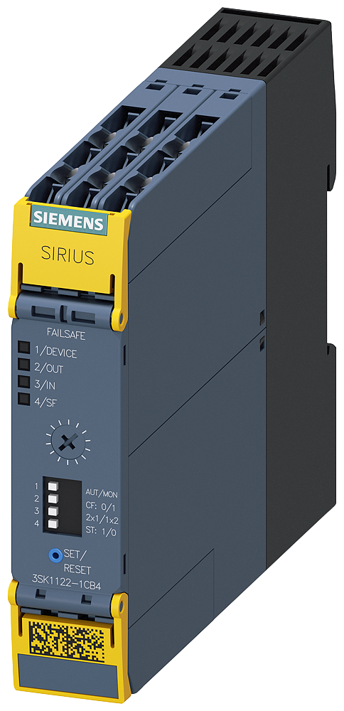 Siemens 3SK1122-1CB41 SIRIUS 3SK1 Advance Emniyet Rölesi, Çift-El, Acil Durdurma, Mekanik Emniyet Şalteri, Manyetik Emniyet Şalteri, Alan tarayıcı veya Işık Perdesi İzleme, 24VDC Besleme, 2TR-2TR(t), 0,05-3 sn ayarlanabilir zaman gecikmeli çıkış,  Cat 4 /