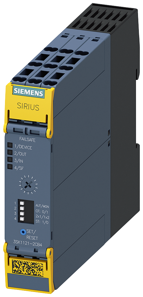 Siemens 3SK1121-2CB44 SIRIUS 3SK1 Advance Emniyet Rölesi, Çift-El, Acil Durdurma, Mekanik Emniyet Şalteri, Manyetik Emniyet Şalteri, Alan tarayıcı veya Işık Perdesi İzleme, 24VDC Besleme, 2NO-2NO(t), 5-300 sn ayarlanabilir zaman gecikmeli kontak,  Cat 4 /