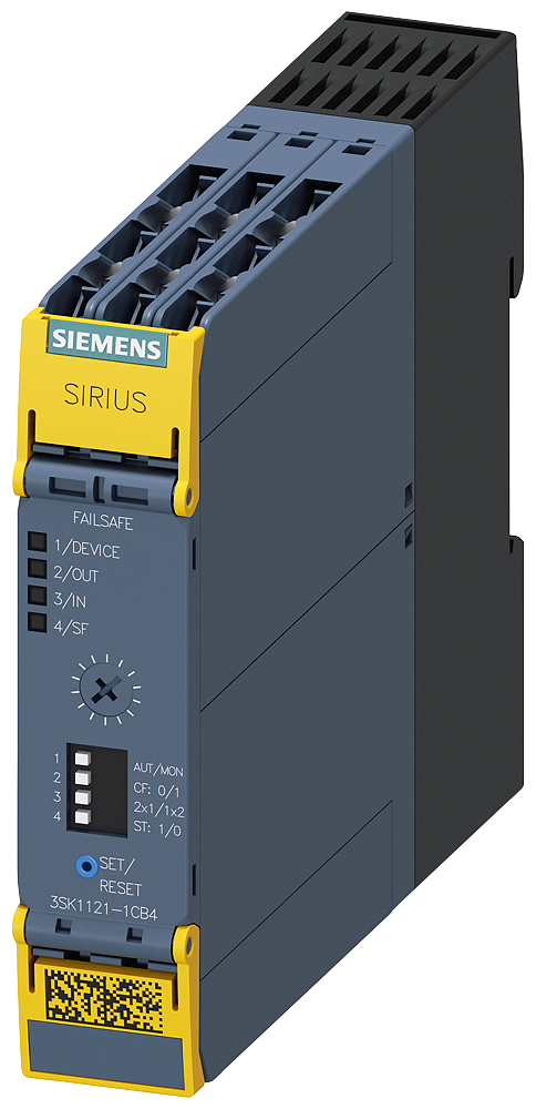 Siemens 3SK1121-1CB41 SIRIUS 3SK1 Advance Emniyet Rölesi, Çift-El, Acil Durdurma, Mekanik Emniyet Şalteri,  Manyetik Emniyet Şalteri, Alan tarayıcı veya Işık Perdesi İzleme, 24VDC Besleme, 2NO-2NO(t), 0,05-3 sn ayarlanabilir zaman gecikmeli kontak,  Cat 4