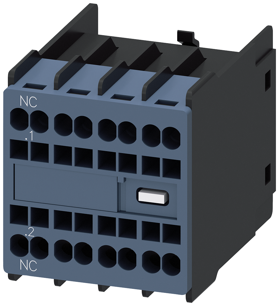 Siemens 3RH2911-2HA01 Yardımcı kontak bloğu, önde, 1 NC, .1/.2, --/--, --/--, --/--, akım yolu: 1 NC, --, --, --, yaylı terminal, 3RT2 kontaktörleri ve 3RH2 kontaktör röleleri için
