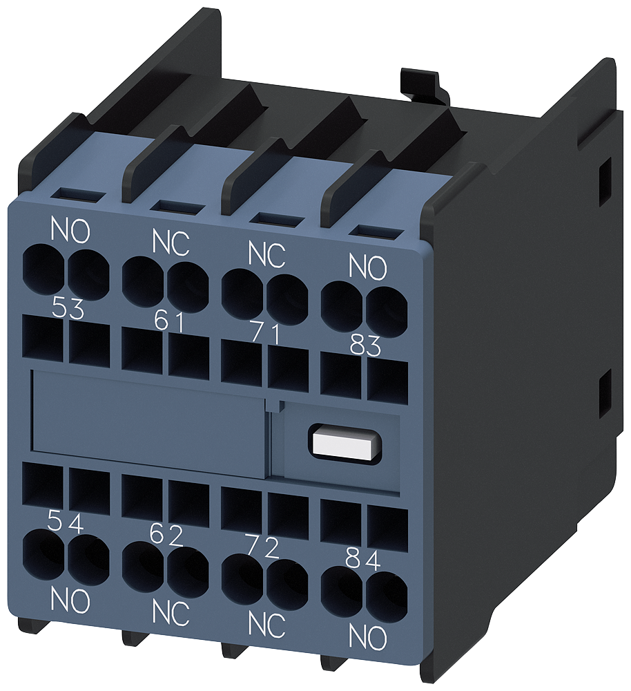 Siemens 3RH2911-2GA22 Yardımcı kontak bloğu, önde, 2 NO + 2 NC, 53/54, 61/62, 71/72, 83/84, akım yolu: 1 NO, 1 NC, 1 NC, 1 NO, yaylı terminal, fiziksel kodlu, sadece 3RH2140 ve 3RH2440 kontaktör röleleri ile birleştirilebilir (EN 50011'e göre)