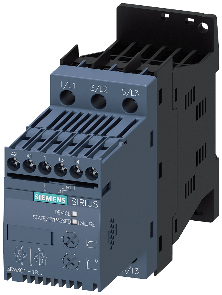 Siemens 3RW3018-1BB14 SIRIUS yumuşak yol verici S00 17.6 A, 7.5 kW/400 V,  200-480 V AC, 110-230 V AC/DC Vidalı bağlantı