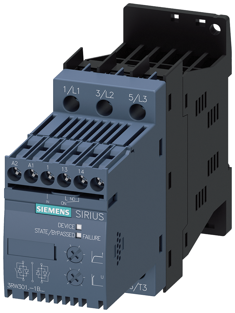 Siemens 3RW3016-1BB14 SIRIUS yumuşak yol verici S00 9 A, 4 kW/400 V,  200-480 V AC, 110-230 V AC/DC Vidalı bağlantı