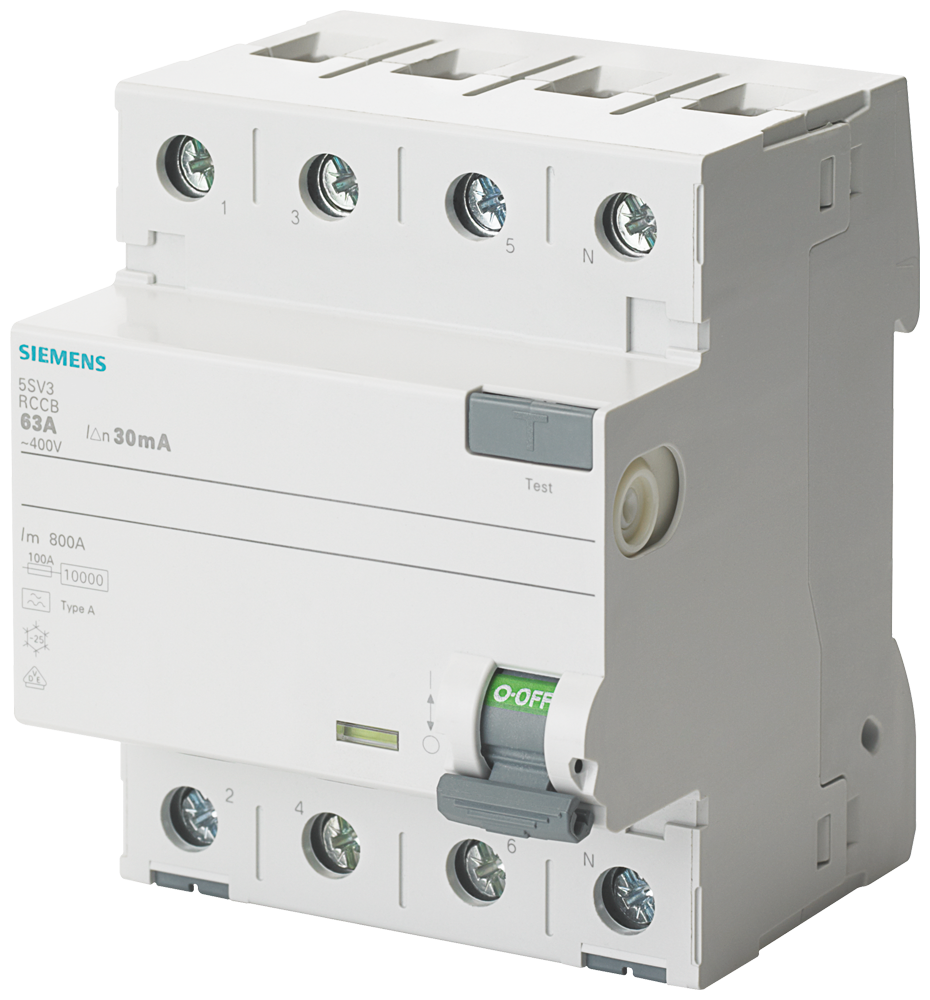 Siemens 5SV3346-6 A TİPİ HATA AKIMI KORUMA ANAHTARI-FI (KAÇAK AKIM KORUMA RÖLESİ); 63A; 400V; 30mA; 3FAZ+NÖTR; 70mm