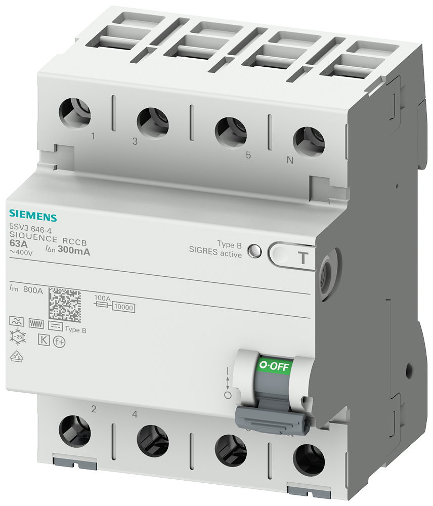 Siemens 5SV3344-4 SIQUENCE SERİSİ HATA AKIMI KORUMA ANAHTARI (FREKANS KONVERTÖRLERİ, UPS SİSTEMLERİ, TIBBİ CİHAZLAR vs); 40A; 400V; 30mA; 3FAZ+NÖTR; TİP B,K, 70mm
