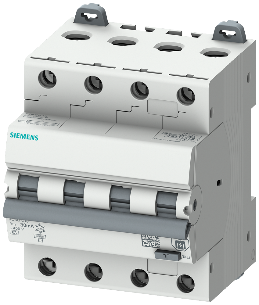 Siemens 5SU1346-7FP06 RCBO, 6 kA, 4P Type A, 30 mA, C-Char, In: 6A Un: 400V