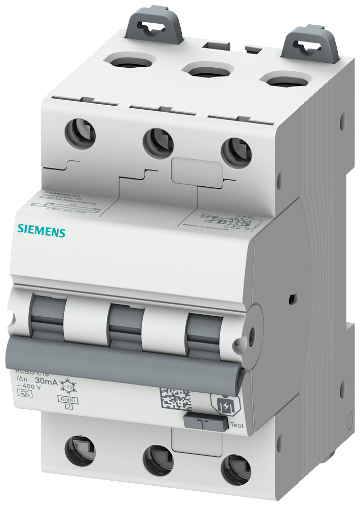 Siemens 5SU1336-6FP06 RCBO, 6 kA, 3P Type A, 30 mA, B-Char, In: 6A Un: 400V