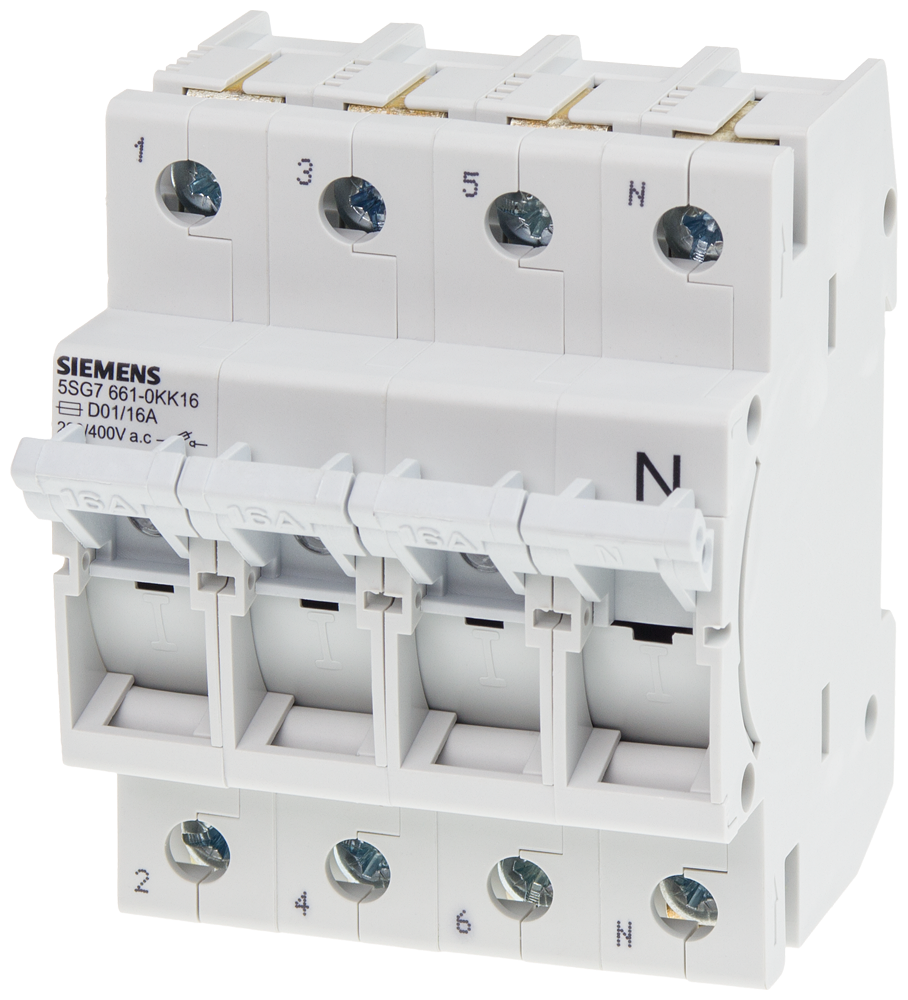 Siemens 5SG7661-0KK16 16A;>N<MINIZED SİGORTALAR 230/400 V AC; D01 BOY İÇİN; 3+N FAZLI; 4TE GENİŞLİĞİNDE