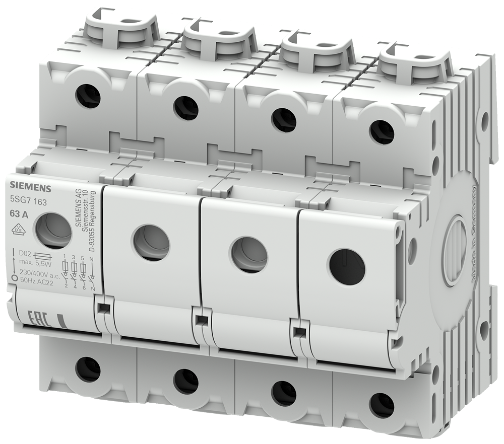 Siemens 5SG7163 63A;>N<MINIZED SİGORTALAR 230/400 V AC; D02 BOY İÇİN; 3+N FAZLI; 6TE GENİŞLİĞİNDE