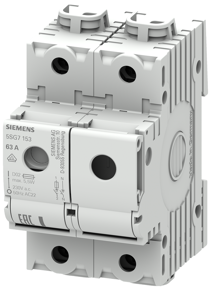 Siemens 5SG7153 63A;>N<MINIZED SİGORTALAR 230/400 V AC; D02 BOY İÇİN; 1+N FAZLI; 3TE GENİŞLİĞİNDE