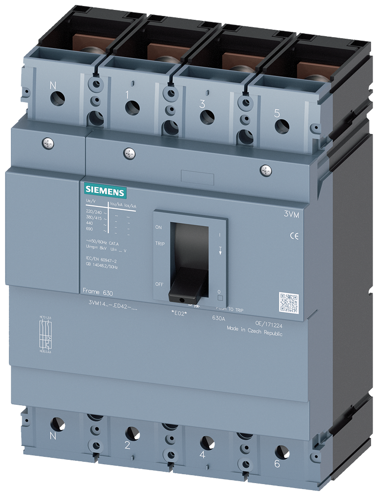 Siemens 3VM1463-4ED42-0AA0 SENTRON 3VM KOMPAKT TİP TERMİK MANYETİK GÜÇ ŞALTERİ; 3VM1; 36kA; 630A; SABİT TERMİK; SABİT MANYETİK; 4 KUTUPLU