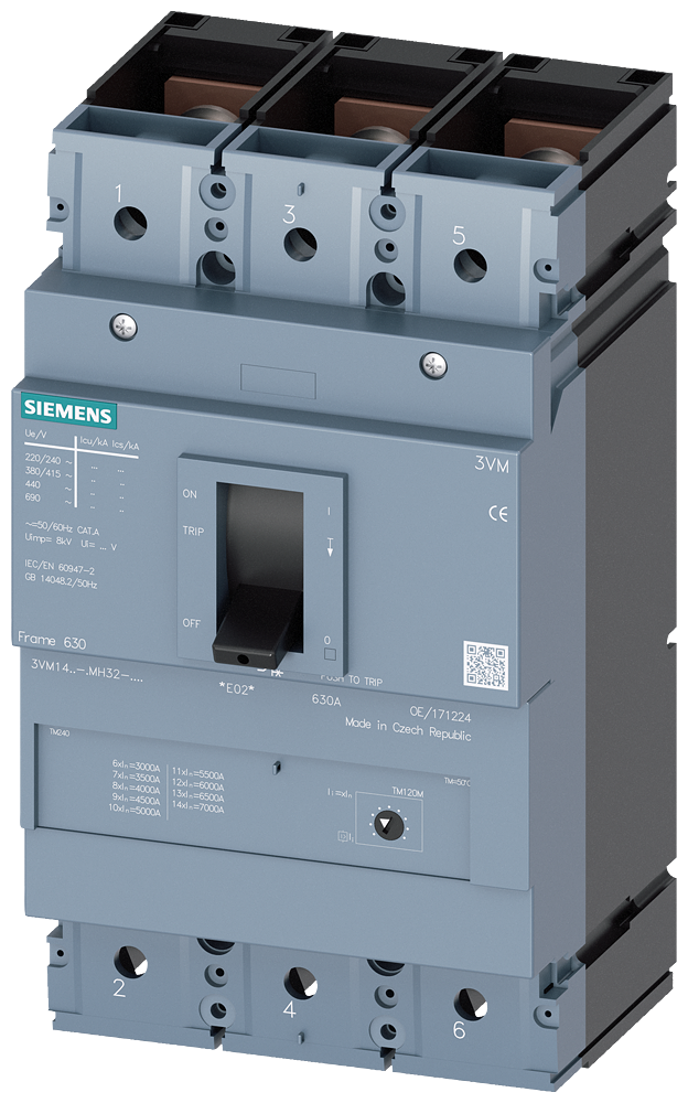 Siemens 3VM1450-5MH32-0AA0 SENTRON 3VM KOMPAKT TİP GÜÇ ŞALTERİ; 3VM1; 55kA; 500A; AYARLI MANYETİK; 3 KUTUPLU
