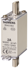 Siemens 3NA3802 STEATİT(SERAMİK) GÖVDELİ NH-BIÇAKLI SİGORTA BUŞONU; 2A; BOY 000; GENİŞLİK 21mm