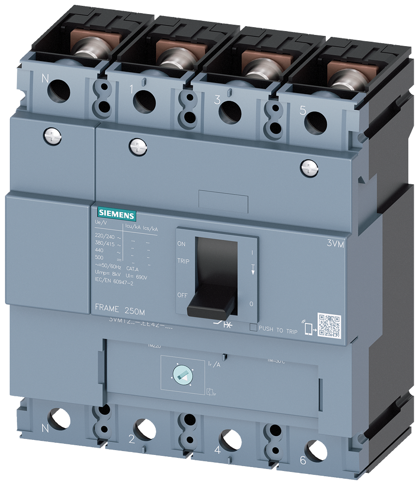 Siemens 3VM1225-4EE42-0AA0 SENTRON SERİSİ KOMPAKT TİP GÜÇ ŞALTERİ;3VM12, 36kA, 250A, TM220, ATFM, AYARLI TERMIK SABİT MANYETİK, 4 KUTUPLU