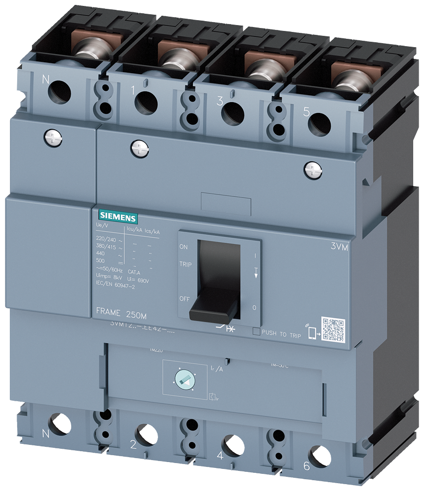 Siemens 3VM1220-4EE42-0AA0 SENTRON SERİSİ KOMPAKT TİP GÜÇ ŞALTERİ;3VM12, 36kA, 200A, TM220, ATFM, AYARLI TERMIK SABİT MANYETİK, 4 KUTUPLU