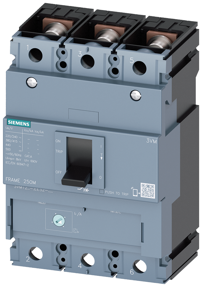 Siemens 3VM1220-3EE32-0AA0 SENTRON 3VM KOMPAKT TİP TERMİK MANYETİK GÜÇ ŞALTERİ; 3VM12; 25kA; AYARLI TERMİK; SABİT MANYETİK; 200A; 3 KUTUPLU