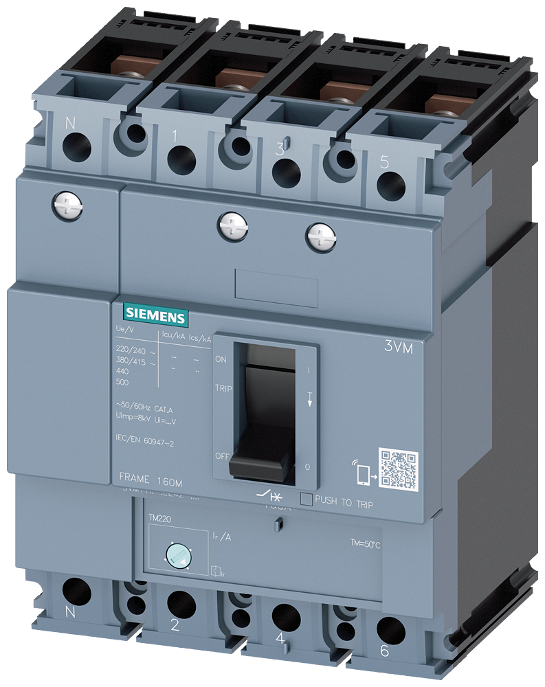 Siemens 3VM1116-4EE42-0AA0 SENTRON SERİSİ KOMPAKT TİP GÜÇ ŞALTERİ;3VM11, 36kA, 160A, TM220, ATFM, AYARLI TERMIK SABİT MANYETİK, 4 KUTUPLU