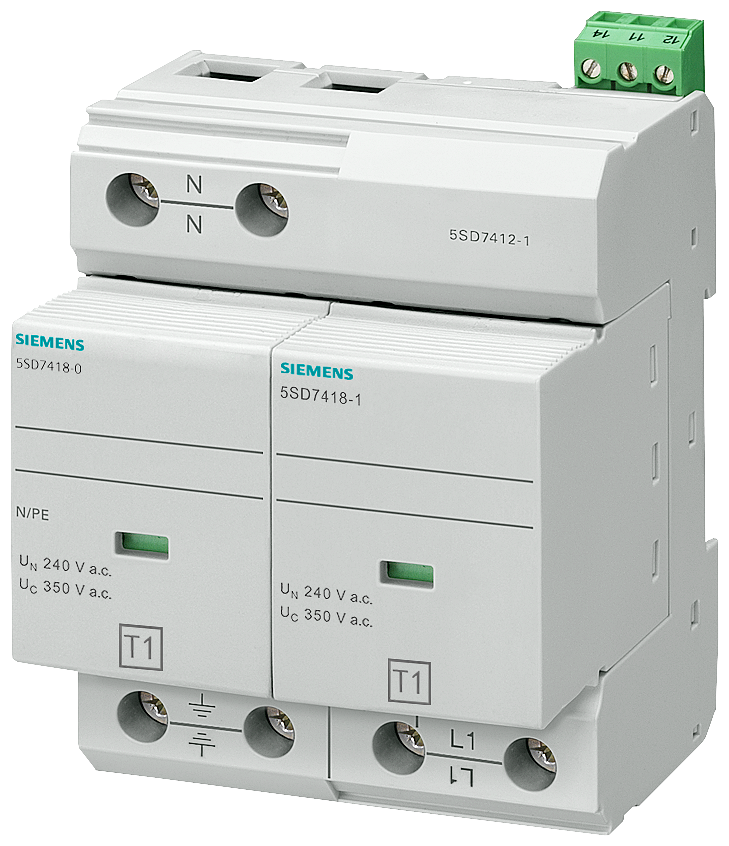 Siemens 5SD7412-1 B SINIFI; 2 KUTUPLU TT VE TN-S SİSTEMLERİ İÇİN; YILDIRIMA KARŞI KORUYUCU PARAFUDR