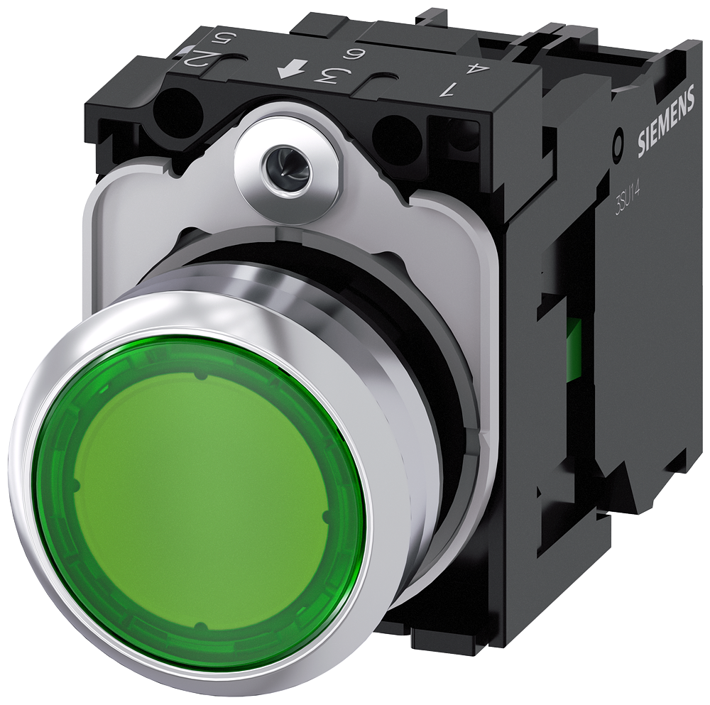 Siemens 3SU1156-0AB40-1BA0 Sirius ACT Metal Komple Işıklı Yay Dönüşlü Butonlar Yeşil 230 AC 1NO