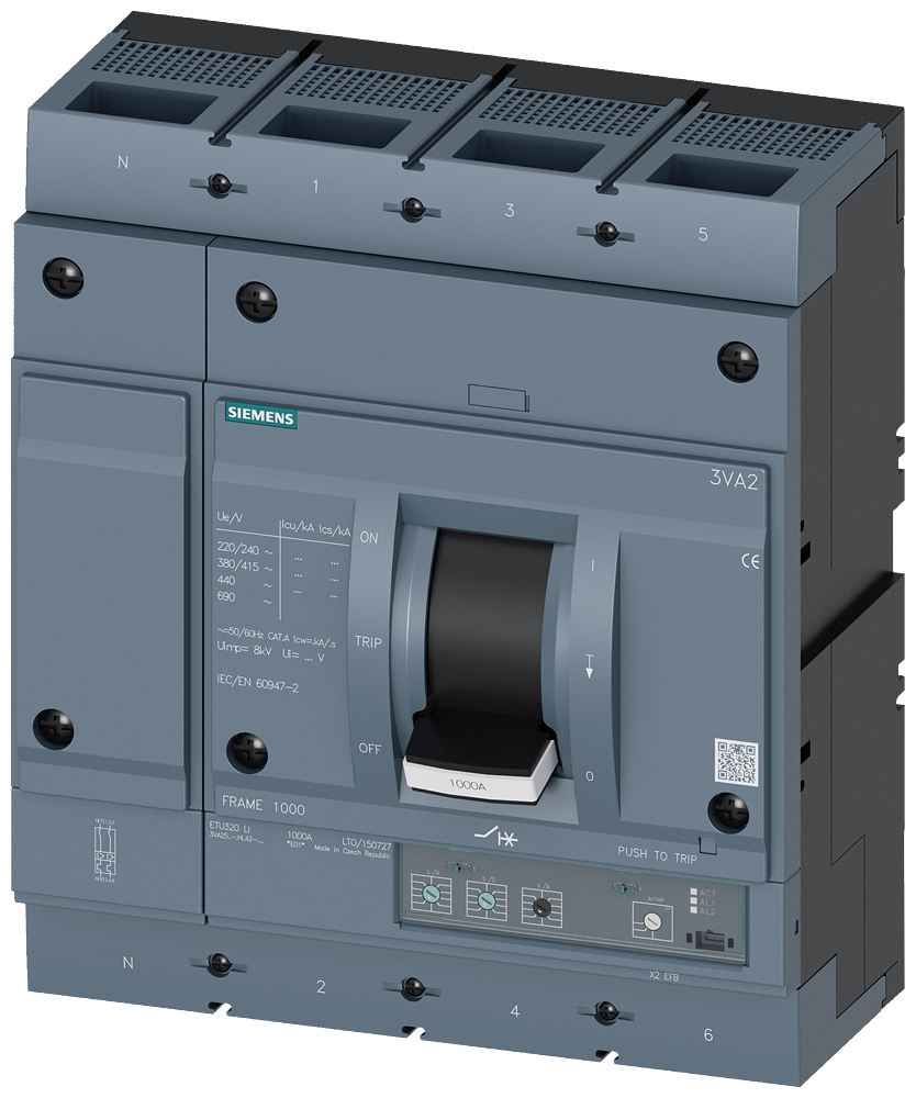 Siemens 3VA2510-6HL42-0AA0 SENTRON SERİSİ KOMPAKT TİP ELEKTRONİK AÇTIRICILI GÜÇ ŞALTERİ; 3VA25; 85kA; TERMIK AYARLI; AYARLI MANYETİK; 400-1000A; 1500-10000A; 4 KUTUPLU