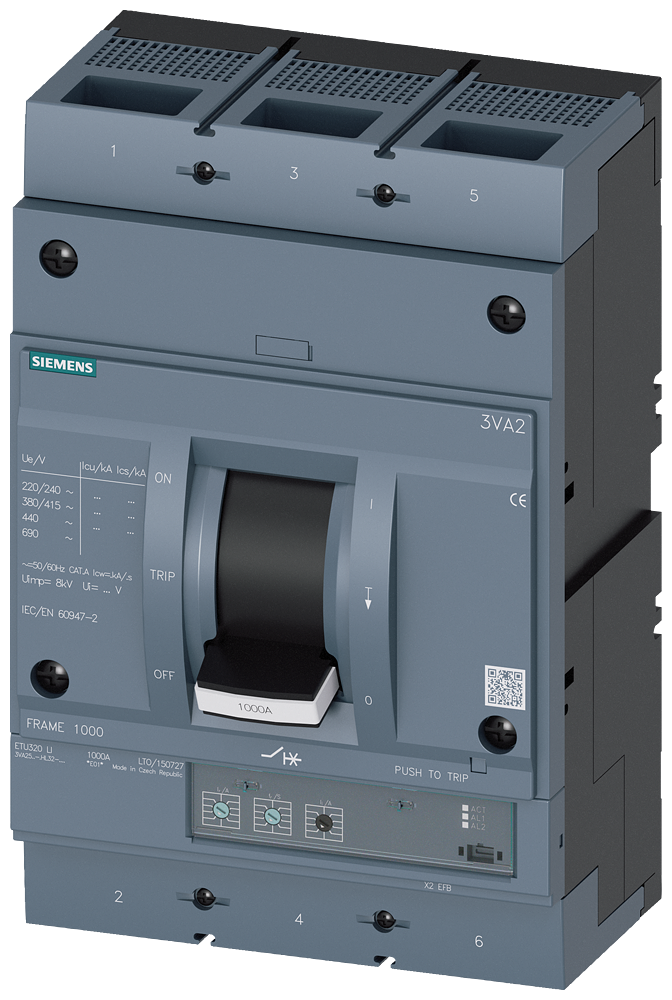 Siemens 3VA2510-6HL32-0AA0 SENTRON SERİSİ KOMPAKT TİP ELEKTRONİK AÇTIRICILI GÜÇ ŞALTERİ; 3VA25; 85kA; TERMIK AYARLI; AYARLI MANYETİK; 400-1000A; 1500-10000A; 3 KUTUPLU
