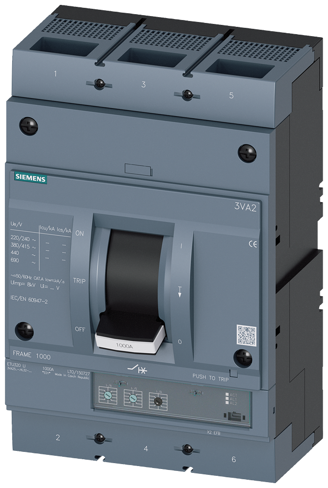 Siemens 3VA2510-5HL32-0AA0 SENTRON SERİSİ KOMPAKT TİP ELEKTRONİK AÇTIRICILI GÜÇ ŞALTERİ; 3VA25; 55kA; TERMIK AYARLI; AYARLI MANYETİK; 400-1000A; 1500-10000A; 3 KUTUPLU