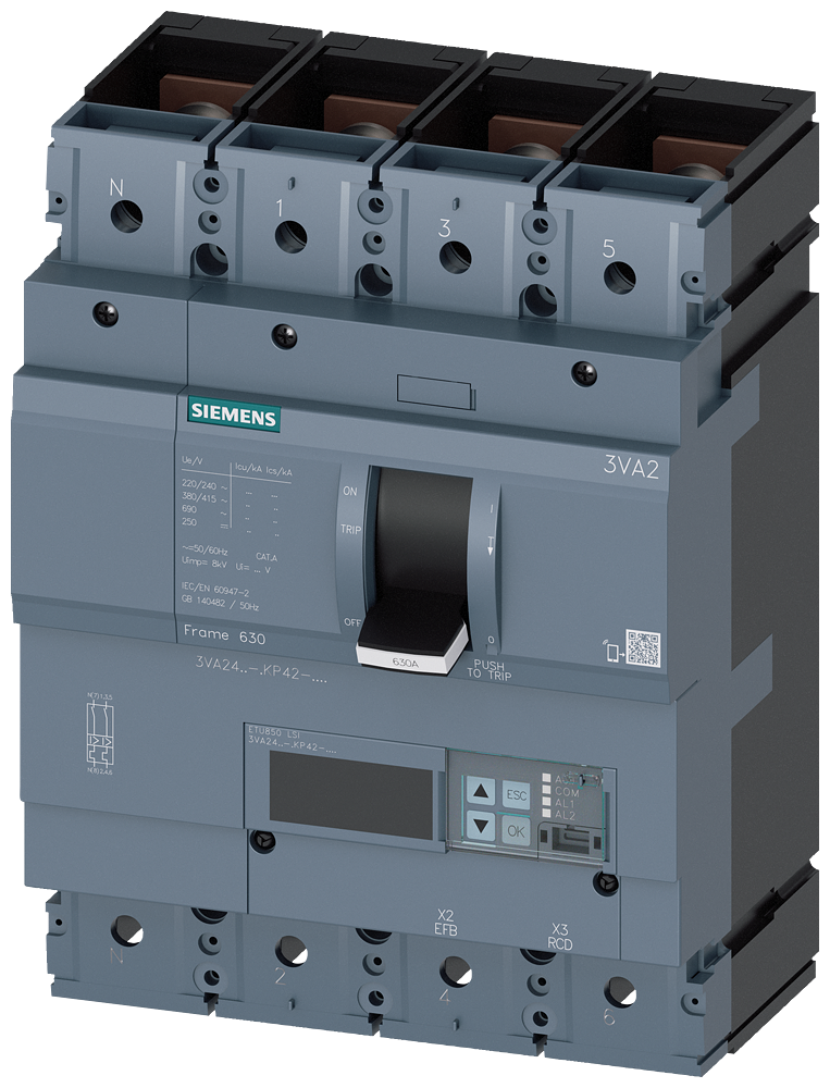 Siemens 3VA2463-5KP42-0AA0 SENTRON SERİSİ HABERLEŞME ÖZELLİKLİ KOMPAKT GÜÇ ŞALTERİ; 3VA24; 55kA; ETU850; 250-630A, 378-5670A ; 4 KUTUPLU