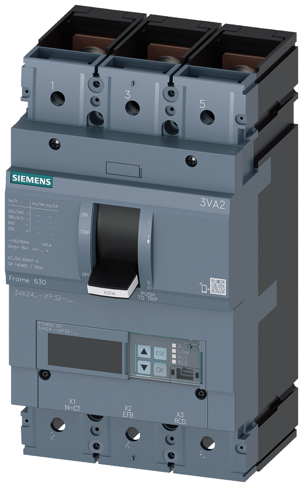Siemens 3VA2463-5KP32-0AA0 SENTRON SERİSİ HABERLEŞME ÖZELLİKLİ KOMPAKT GÜÇ ŞALTERİ; 3VA24; 55kA; ETU850; 250-630A, 378-5670A ; 3 KUTUPLU