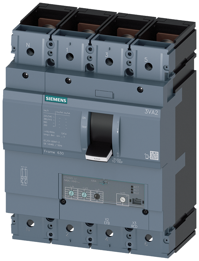 Siemens 3VA2463-4HL42-0AA0 SENTRON SERİSİ KOMPAKT TİP ELEKTRONİK AÇTIRICILI GÜÇ ŞALTERİ; 3VA24; 36kA; TERMIK AYARLI; AYARLI MANYETİK; 250-630A; 945-5670A; 4 KUTUPLU