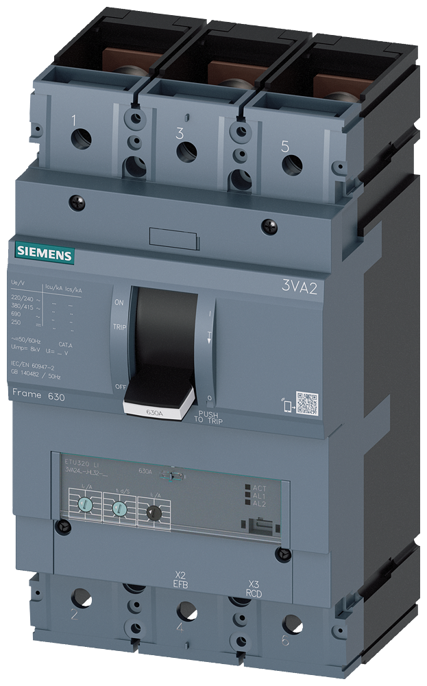 Siemens 3VA2463-4HL32-0AA0 SENTRON SERİSİ KOMPAKT TİP ELEKTRONİK AÇTIRICILI GÜÇ ŞALTERİ; 3VA24; 36kA; TERMIK AYARLI; AYARLI MANYETİK; 250-630A; 945-5670A; 3 KUTUPLU