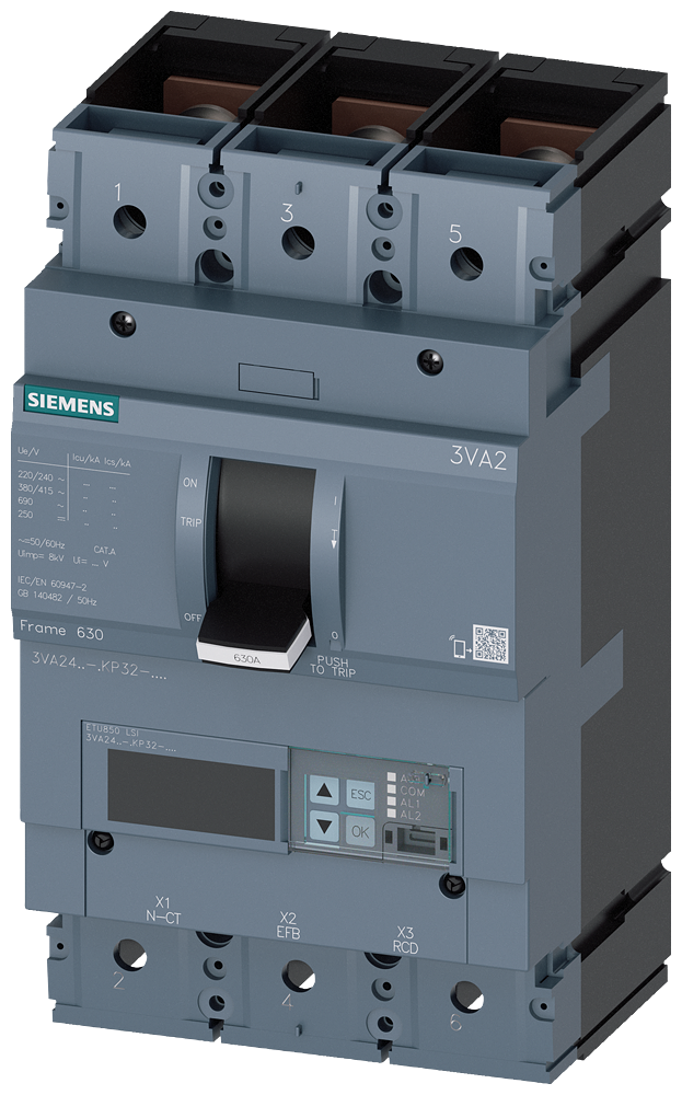 Siemens 3VA2450-6KP32-0AA0 SENTRON SERİSİ HABERLEŞME ÖZELLİKLİ KOMPAKT GÜÇ ŞALTERİ; 3VA24; 85kA; ETU850; 200-500A, 300-5000A; 3 KUTUPLU