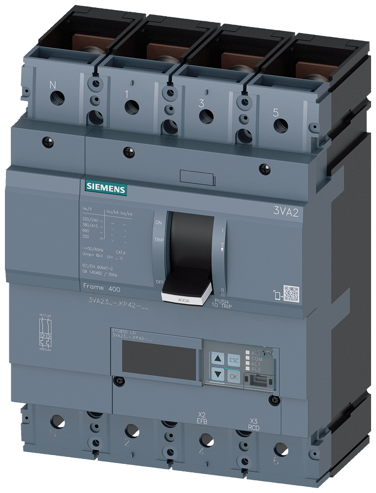 Siemens 3VA2340-6KP42-0AA0 SENTRON SERİSİ HABERLEŞME ÖZELLİKLİ KOMPAKT GÜÇ ŞALTERİ; 3VA23; 85kA; ETU850; 160-400A, 240-4000A; 4 KUTUPLU
