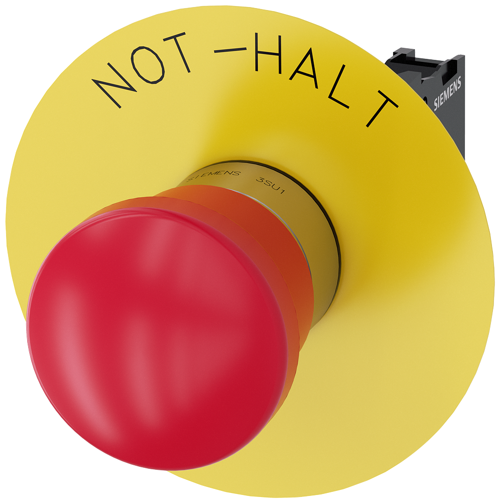 Siemens 3SU1150-1HA20-1CH0 Sirius ACT Metal Çek-Kur 1NC “NOT-HALT” plakalı Komple Acil Stop Mantar Butonlar 40mm