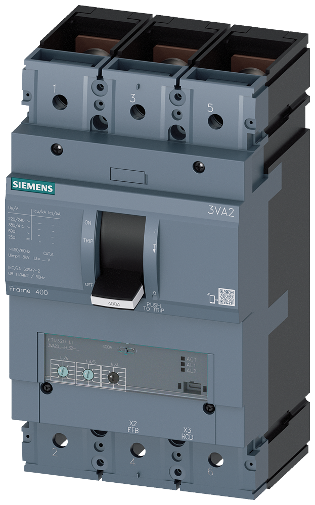 Siemens 3VA2340-6HL32-0AA0 SENTRON SERİSİ KOMPAKT TİP ELEKTRONİK AÇTIRICILI GÜÇ ŞALTERİ; 3VA23; 85kA; TERMIK AYARLI; AYARLI MANYETİK; 160-400A; 600-4000A; 3 KUTUPLU