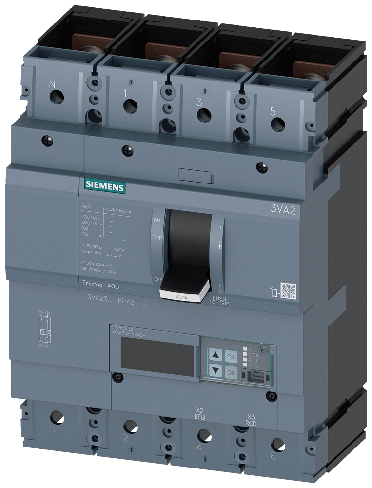 Siemens 3VA2340-5KP42-0AA0 SENTRON SERİSİ HABERLEŞME ÖZELLİKLİ KOMPAKT GÜÇ ŞALTERİ; 3VA23; 55kA; ETU850; 160-400A, 240-4000A; 4 KUTUPLU