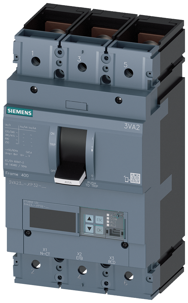 Siemens 3VA2340-5KP32-0AA0 SENTRON SERİSİ HABERLEŞME ÖZELLİKLİ KOMPAKT GÜÇ ŞALTERİ; 3VA23; 55kA; ETU850; 160-400A, 240-4000A; 3 KUTUPLU