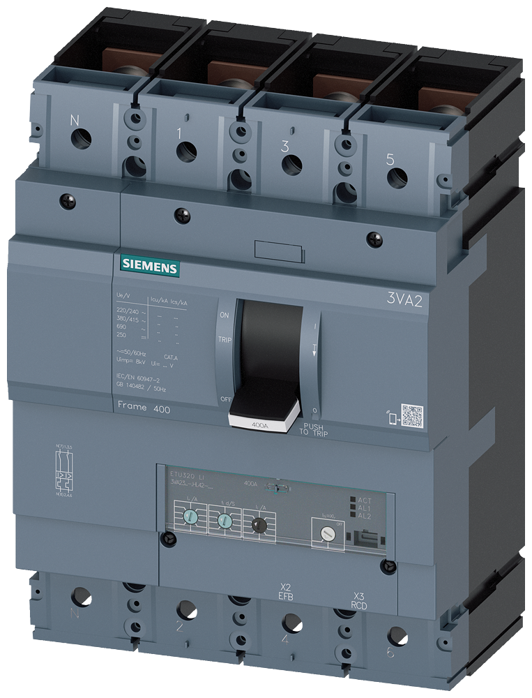 Siemens 3VA2340-4HL42-0AA0 SENTRON SERİSİ KOMPAKT TİP ELEKTRONİK AÇTIRICILI GÜÇ ŞALTERİ; 3VA23; 36kA; TERMIK AYARLI; AYARLI MANYETİK; 160-400A; 600-4000A; 4 KUTUPLU