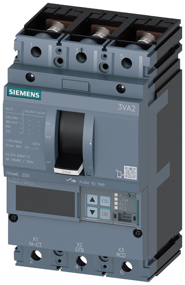 Siemens 3VA2225-6KP32-0AA0 SENTRON SERİSİ HABERLEŞME ÖZELLİKLİ KOMPAKT GÜÇ ŞALTERİ; 3VA22; 85kA; ETU850; 100-250A, 150-2500A; 3 KUTUPLU