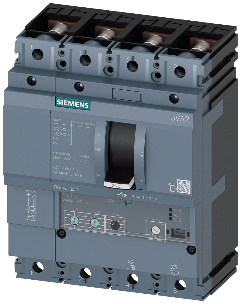 Siemens 3VA2225-6HL42-0AA0 SENTRON SERİSİ KOMPAKT TİP GÜÇ ŞALTERİ;3VA22,85kA,250 A,ETU320, LI korumalı,4 KUTUPLU