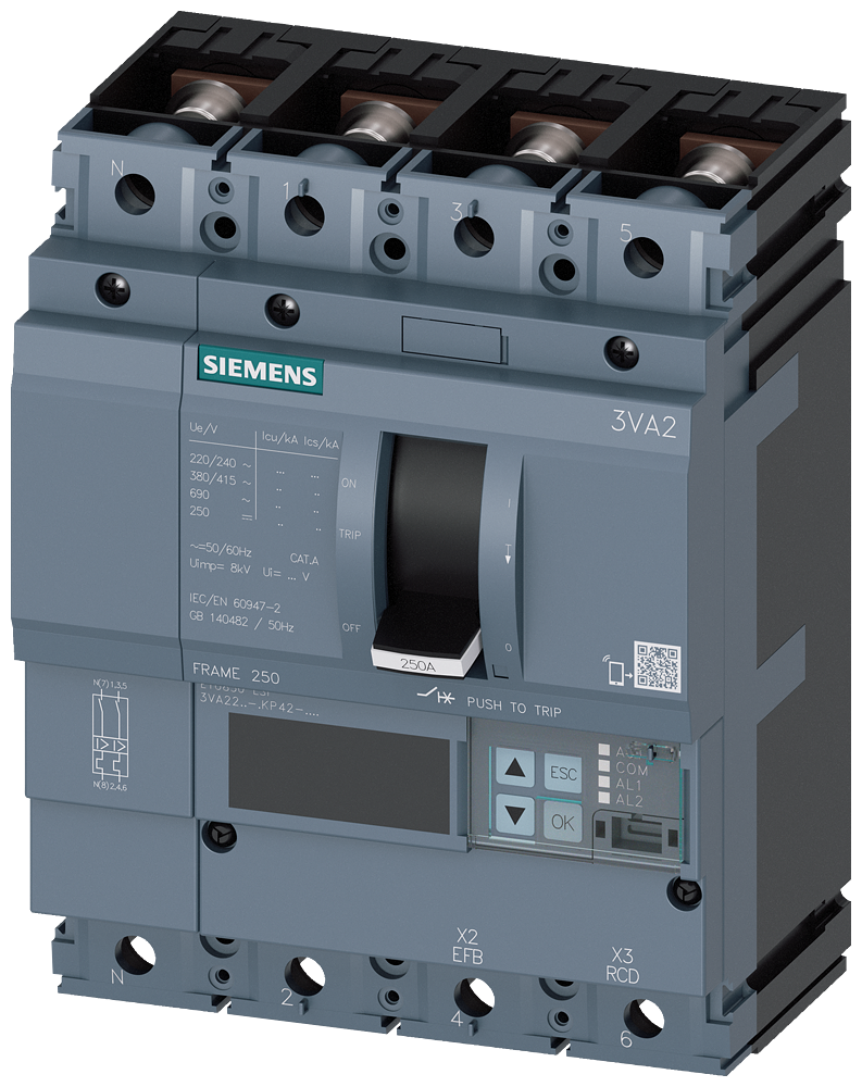 Siemens 3VA2225-5KP42-0AA0 SENTRON SERİSİ HABERLEŞME ÖZELLİKLİ KOMPAKT GÜÇ ŞALTERİ; 3VA22; 55kA; ETU850; 100-250A, 150-2500A; 4 KUTUPLU