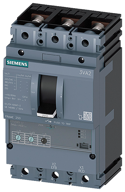 Siemens 3VA2225-5HL32-0AA0 SENTRON SERİSİ KOMPAKT TİP GÜÇ ŞALTERİ;3VA22,55kA,250 A,ETU320, LI korumalı,3 KUTUPLU