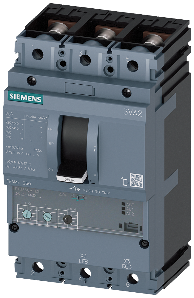 Siemens 3VA2220-5MN32-0AA0 SENTRON SERİSİ KOMPAKT TİP ELEKTRONİK AÇTIRICILI MOTOR KORUMA GÜÇ ŞALTERİ; 3VA2; 55kA; 200A; LSI FONKSİYONLU, 3 KUTUPLU