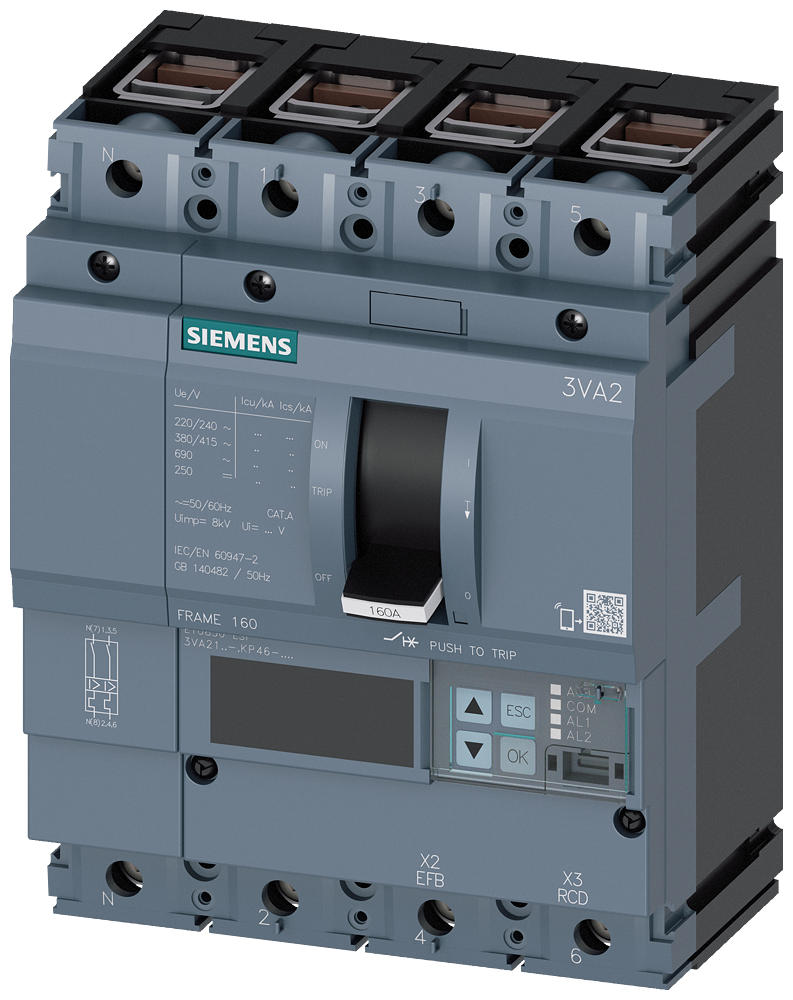 Siemens 3VA2163-6KP46-0AA0 SENTRON SERİSİ HABERLEŞME ÖZELLİKLİ KOMPAKT GÜÇ ŞALTERİ; 3VA21; 85kA; ETU850; 25-63A, 38-630A; 4 KUTUPLU